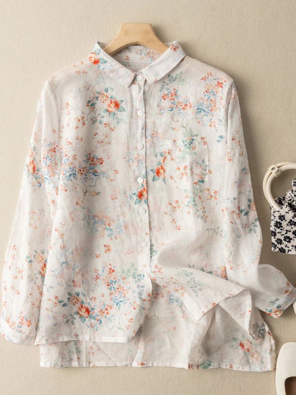 Print Long Sleeve Linen Shirt Top