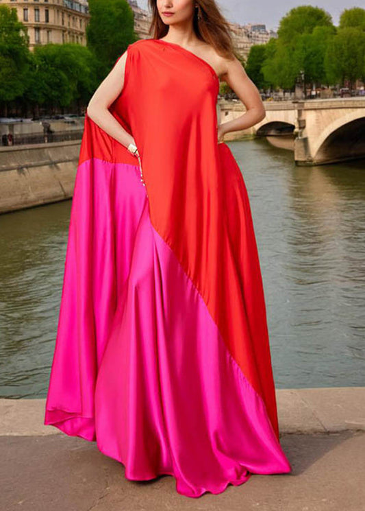 Red One Shoulder Patchwork Maxi Dress Summer