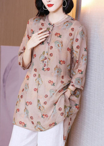 Pink Print Pockets Patchwork Linen Blouse Top Summer
