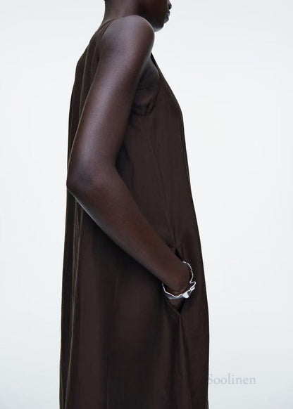 Black V Neck Linen Maxi Dresses Sleeveless
