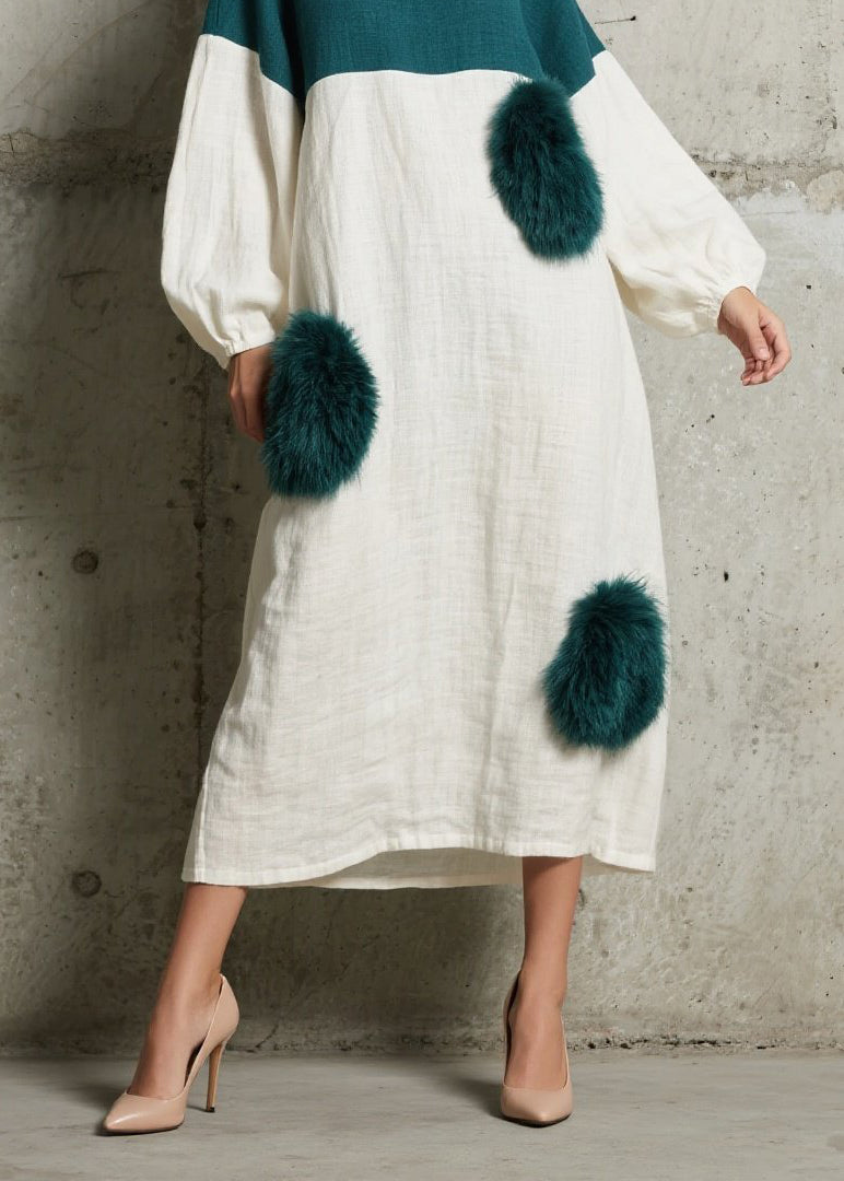 Colorblock O Neck Fuzzy Fur Patchwork Cotton Dress Fall