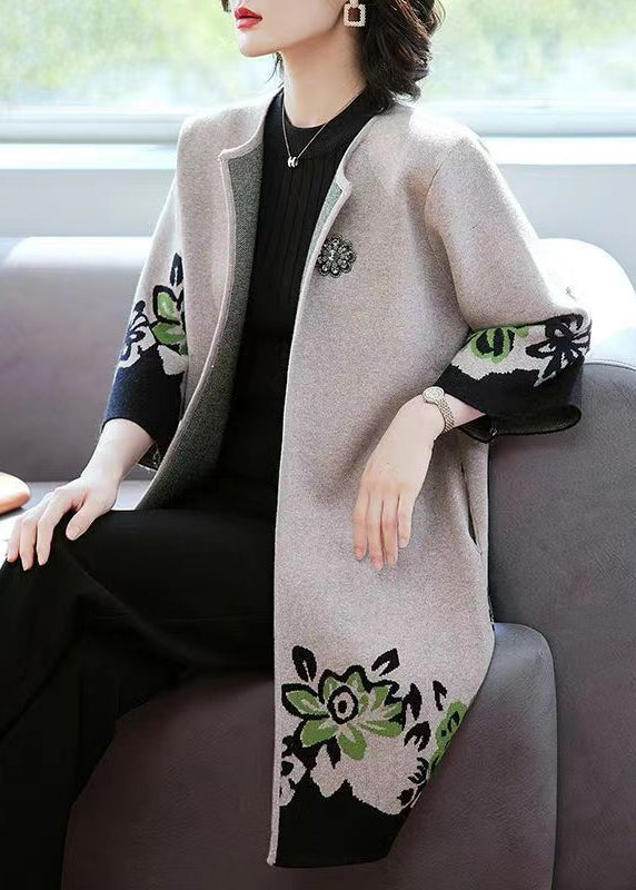 Camel O Neck Print Patchwork Knit Cardigans Fall