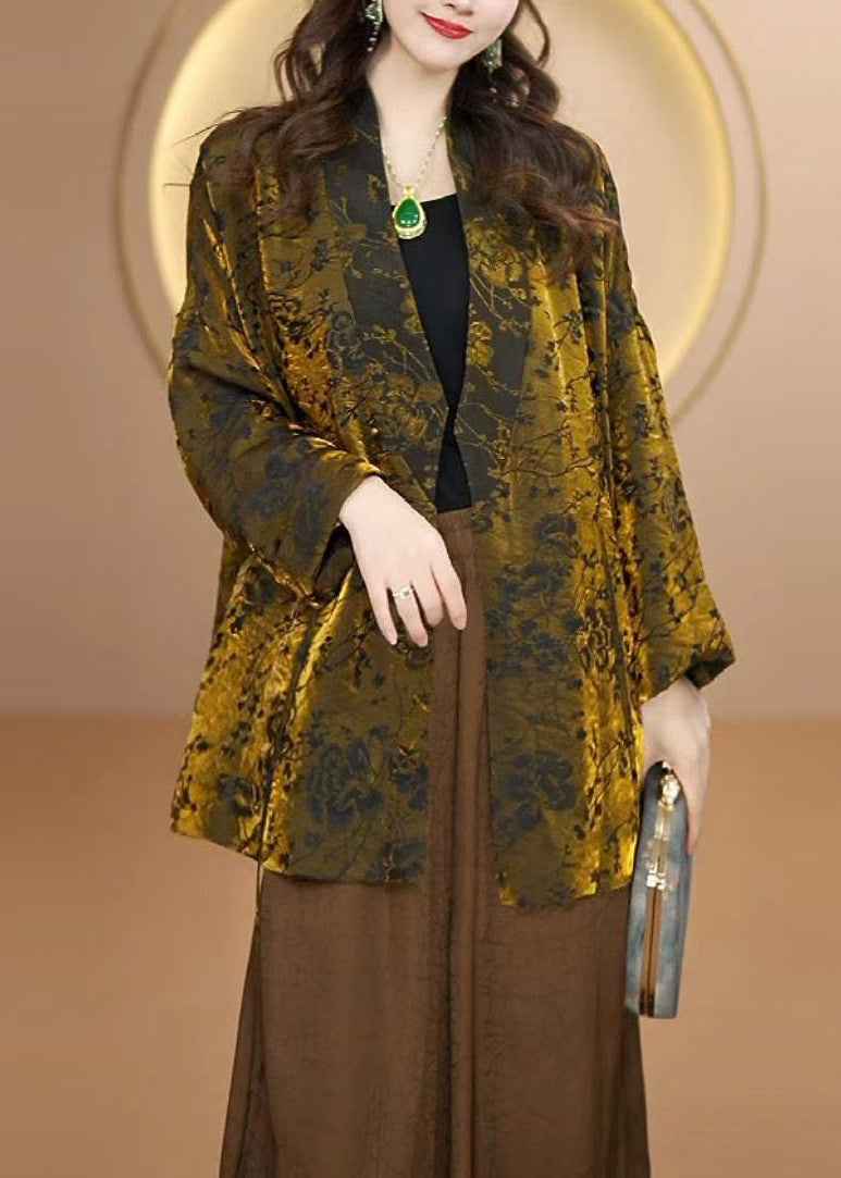 Gold V Neck Jacquard Silk Cardigan Fall
