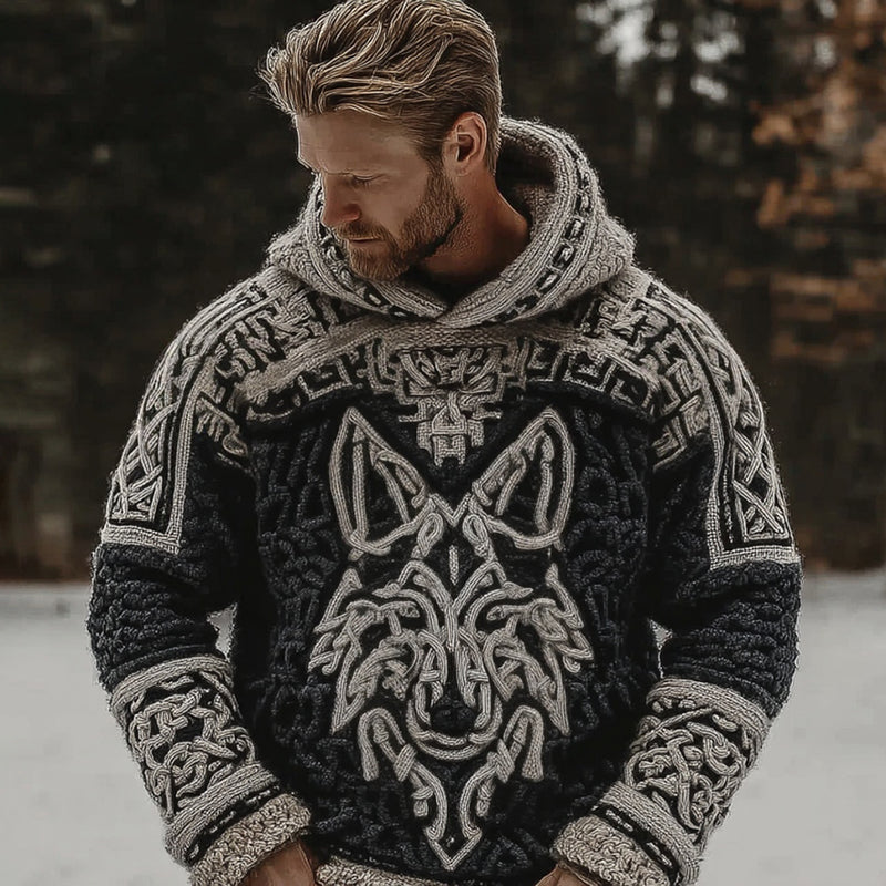 Men's Retro Celtic Wolf Pattern Knit Hoodie elevenforest