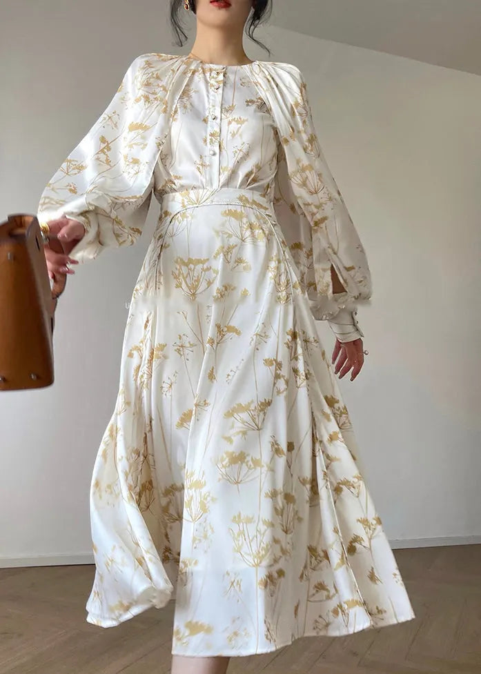 Classy White O-neck Print Silk Chiffon Top and Skirts Two Pieces Set Fall