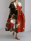 Floral Japanese Contrast Art Linen Blend Maxi Dress