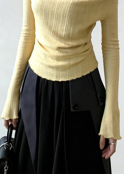 Art Yellow False Two Pieces Patchwork Knitting Cotton T Shirt Flare Sleeve