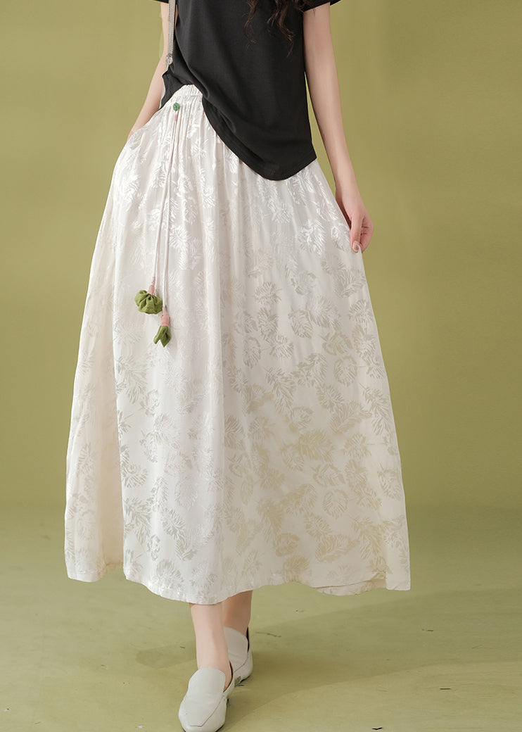 Loose White Print Elastic Waist Satin a Line Skirt Fall