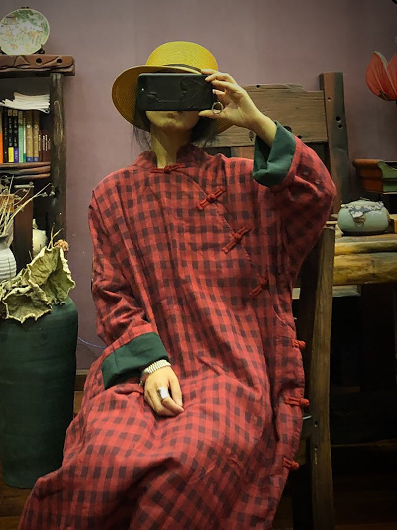 Stand Collar Button Cotton Robe Dress
