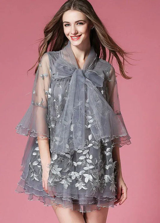 Grey Bow Embroideried Hollow Out Organza Dress Summer