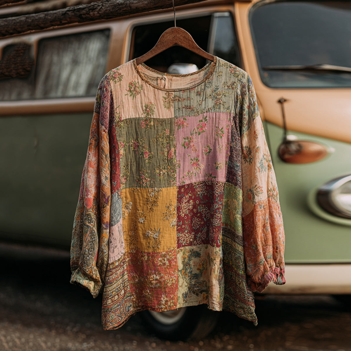 Comstylish Countryside Style Collection Classy Patchwork Floral Pattern Art Linen Long Sleeve Tshirt