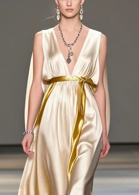 French Champagne Cinched Side Open Silk Party Dress Sleeveless