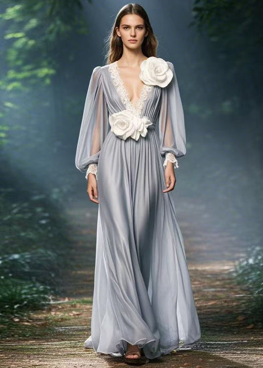 Italian Grey V Neck Decorated Chiffon Dresses Spring