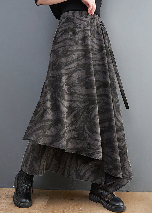 Handmade Black Elastic Waist Tie Waist Asymmetrical Print Skirt Spring