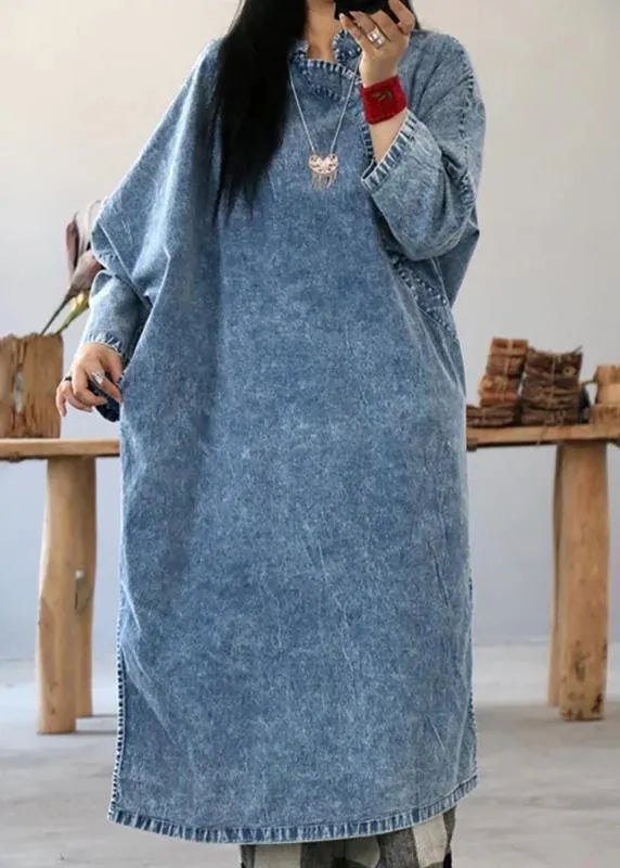 Cotton Dress Retro Color Frog Denim Blue Loose Dress
