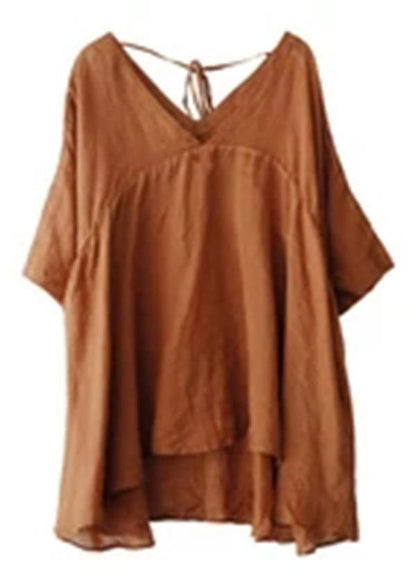 Orange Ramie Lace-up Pure Color Irregular T-shirt