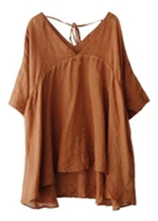 Orange Ramie Lace-up Pure Color Irregular T-shirt