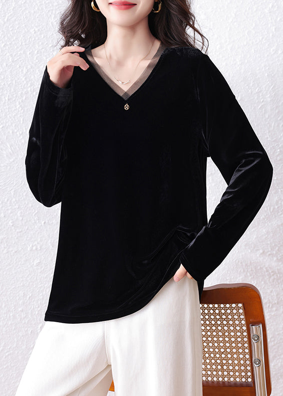 Black V Neck Patchwork Silk Velour Shirt Tops Fall