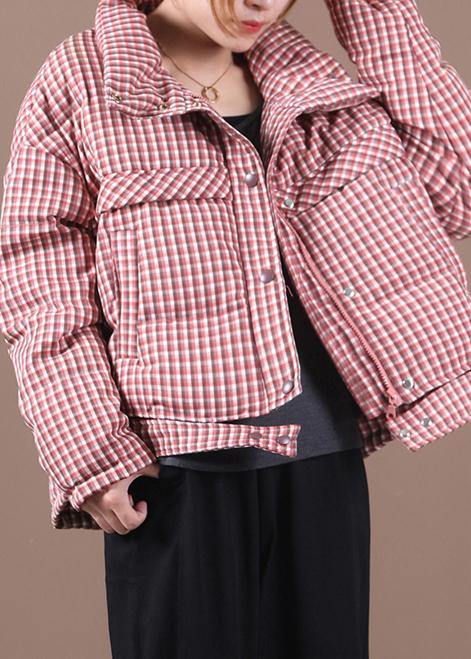 Snow Jackets Red Plaid Stand Collar Down Jacket Woman