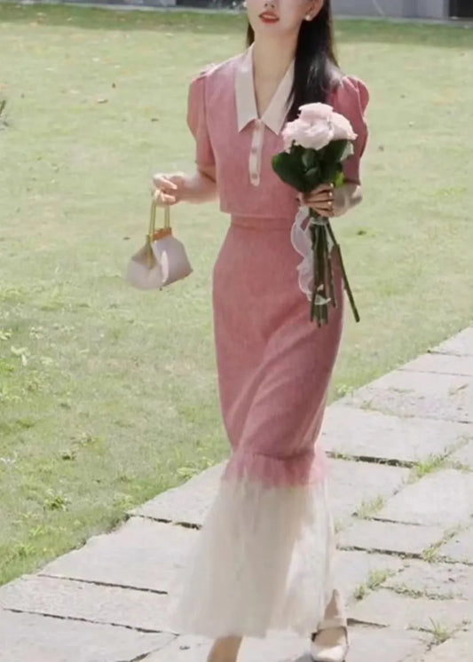 French Pink Tulle Patchwork Tops and Skirts Two Pieces Summer