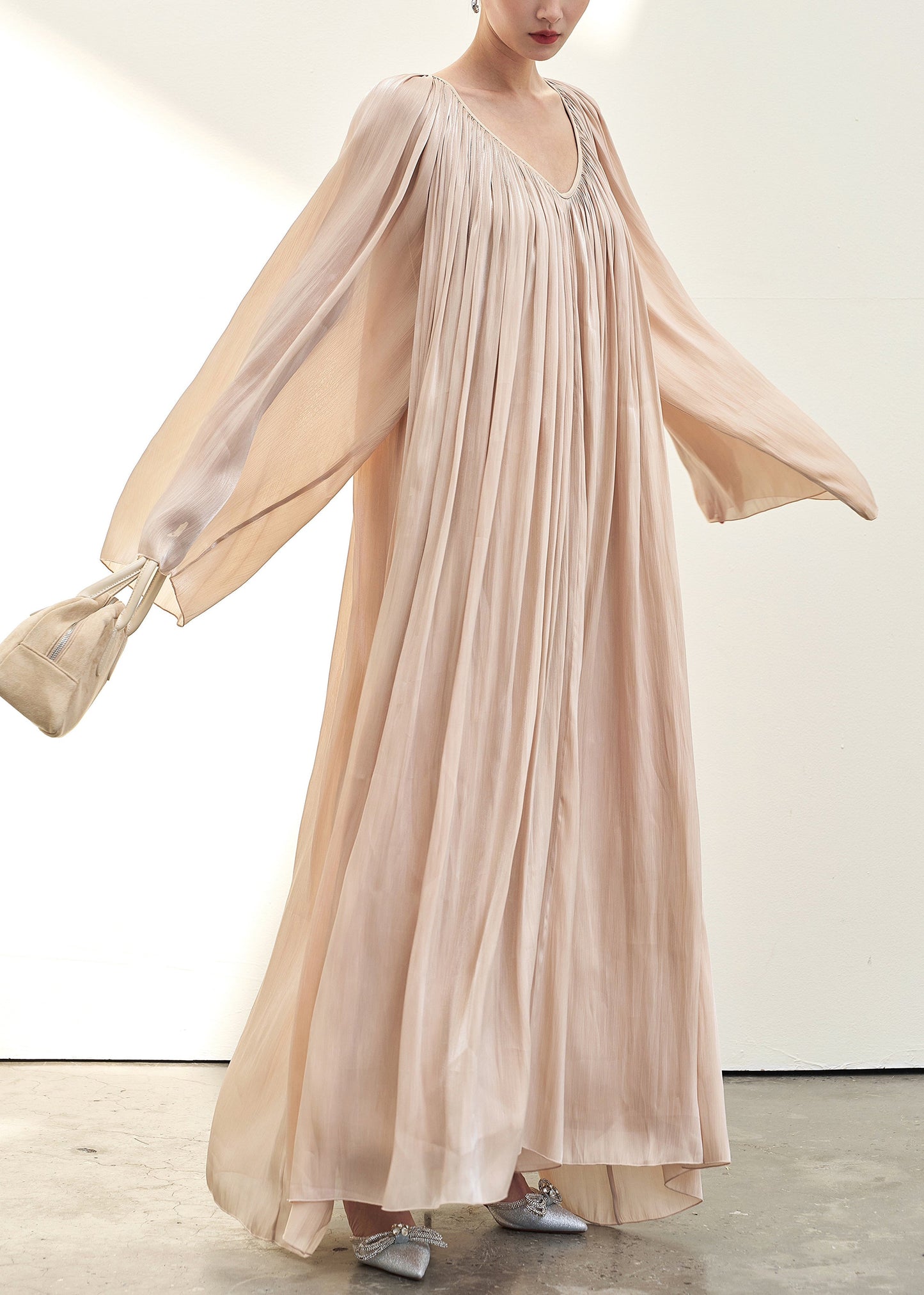 Pink V Neck Wrinkled Silk Maxi Dresses Fall