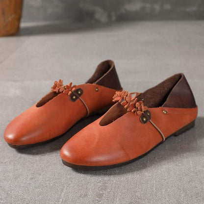 Khaki Flat Feet Shoes Cowhide Leather Splicing Flat Shoes for