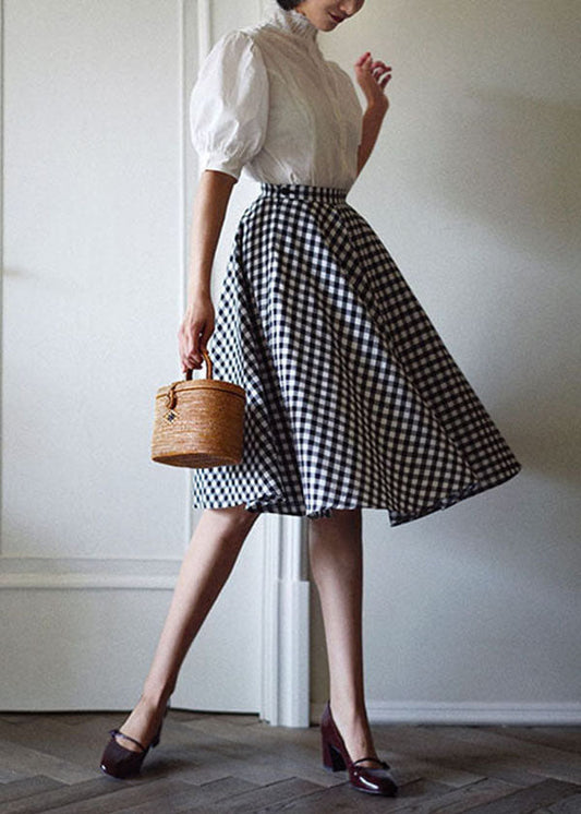Black White Plaid High Waist Cotton a Line Skirts Spring