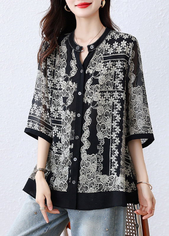 Black O-neck Print Button Shirts Fall