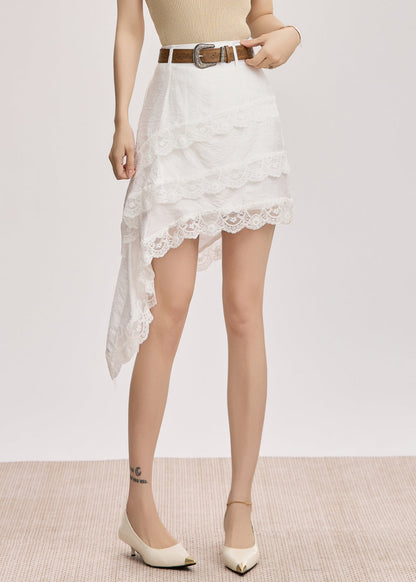 White Lace High Waist Cotton Summer Skirt Asymmetrical