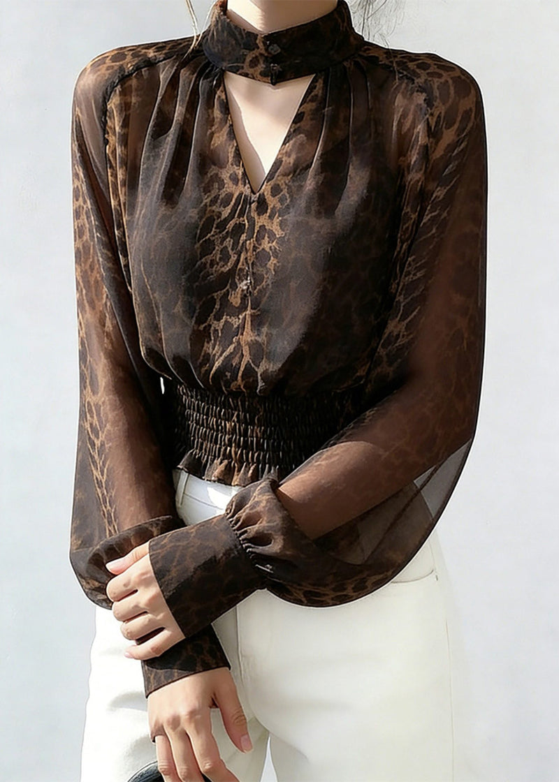 Leopard Turtleneck Hollow Out Chiffon Shirts Spring