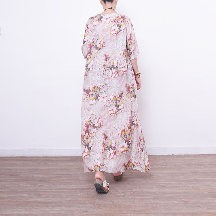 Stylish Prints Linen Maxi Dress Oversized O Neck Traveling Clothing New Half Sleeve Maxi Dresses