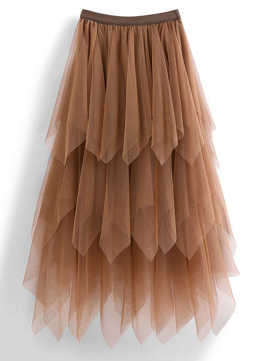 Chocolate Asymmetric Design Elastic Waist Tulle Skirts Spring