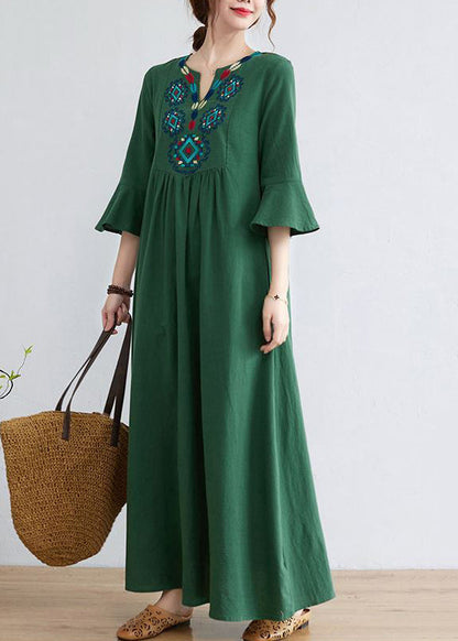 Green Cotton Long Dress Embroidered Exra Large Hem Flare Sleeve