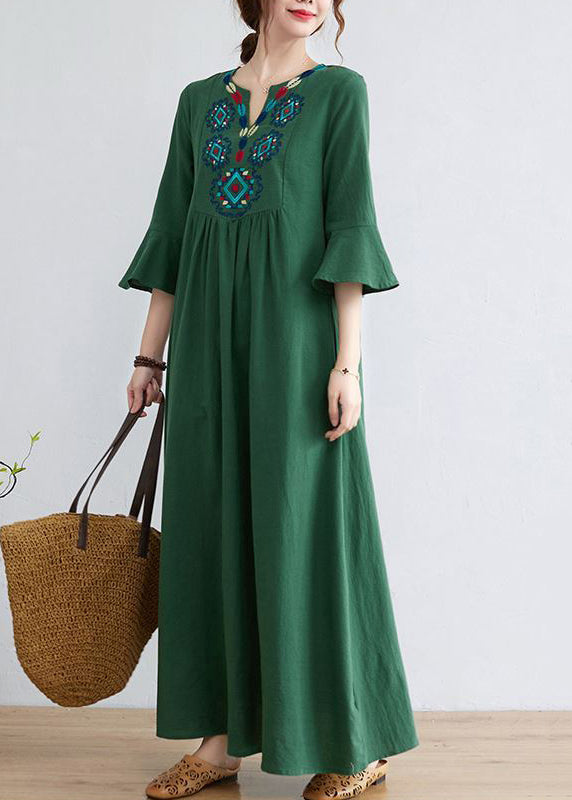 Green Cotton Long Dress Embroidered Exra Large Hem Flare Sleeve