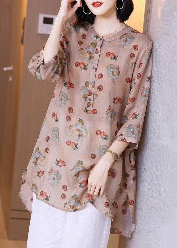 Pink Print Pockets Patchwork Linen Blouse Top Summer