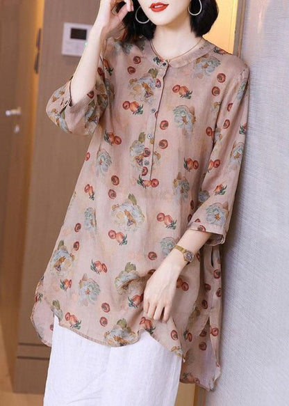 Pink Print Pockets Patchwork Linen Blouse Top Summer