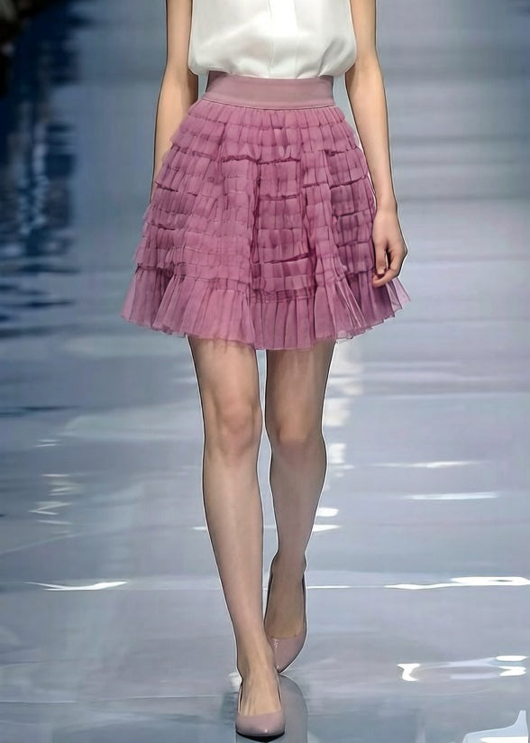 Loose Purple Wrinkled Elastic Waist Tulle Skirt Summer