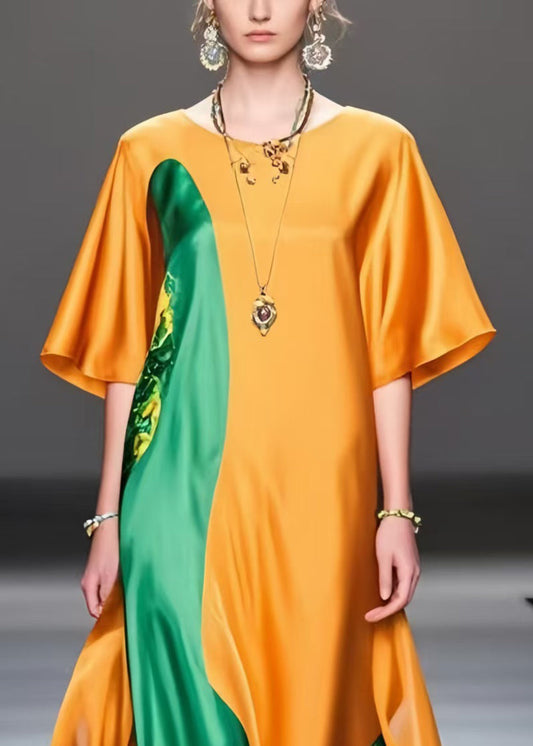 Orange Oversized Patchwork Silk Long Dress Summer