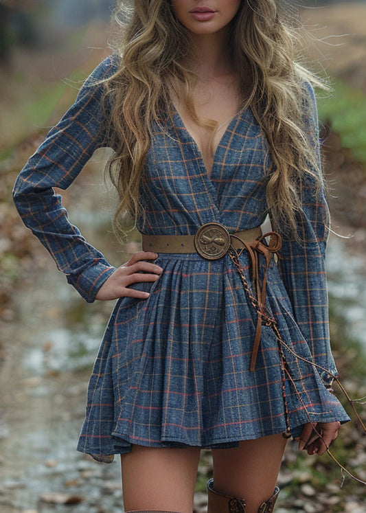 V Neck Plaid Wrinkled Cotton Dress Long Sleeve