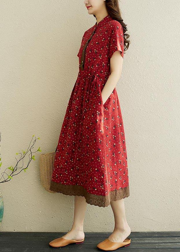 Red Print Stand Collar Robe Summer Cotton Dress