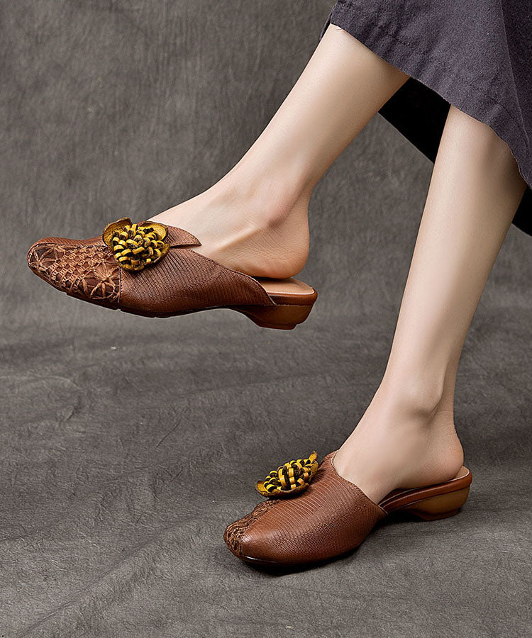 Coffee Cowhide Leather Splicing Slide Sandals