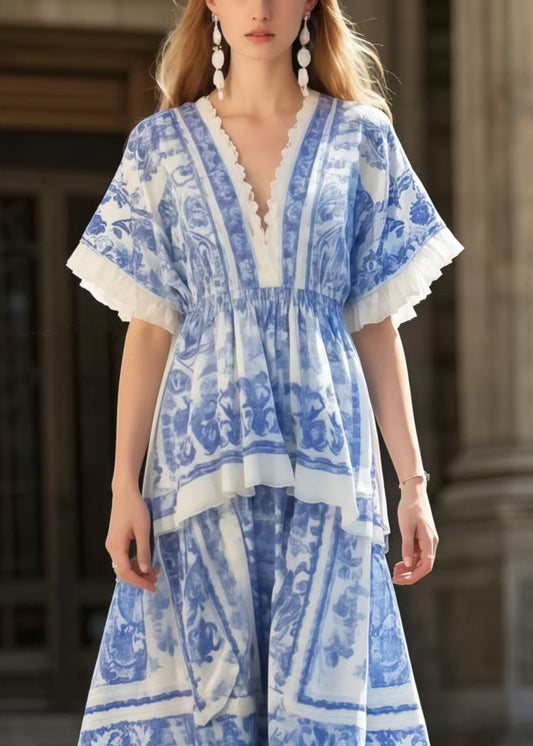 Blue Print Exra Large Hem Cotton Holiday Dress Summer