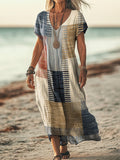Women's Retro Ethnic Geometric Art Pattern Print Pocket Cotton Dress