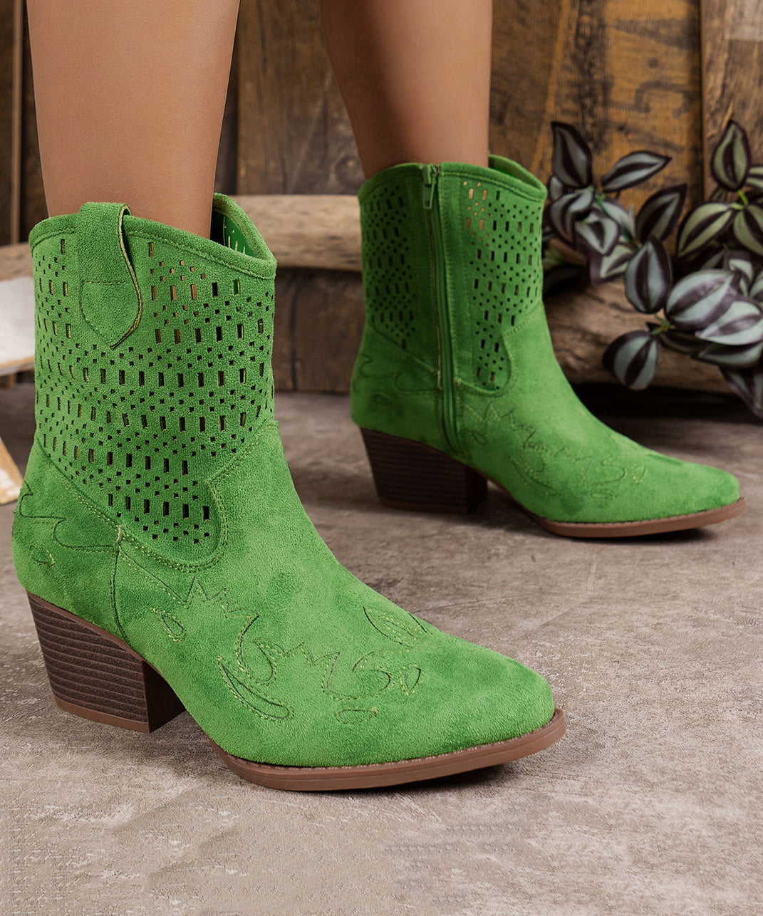 Green Hollow Out Zippered Suede Chunky Boots