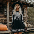 Comstylish Vintage Skull Rose Crew Neck Comfortable Witch Sweater Dress