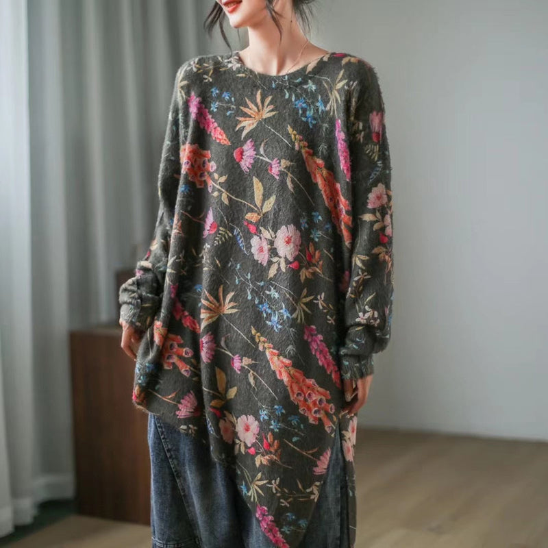 Retro Literary Print Mid-length Irregular Sweater