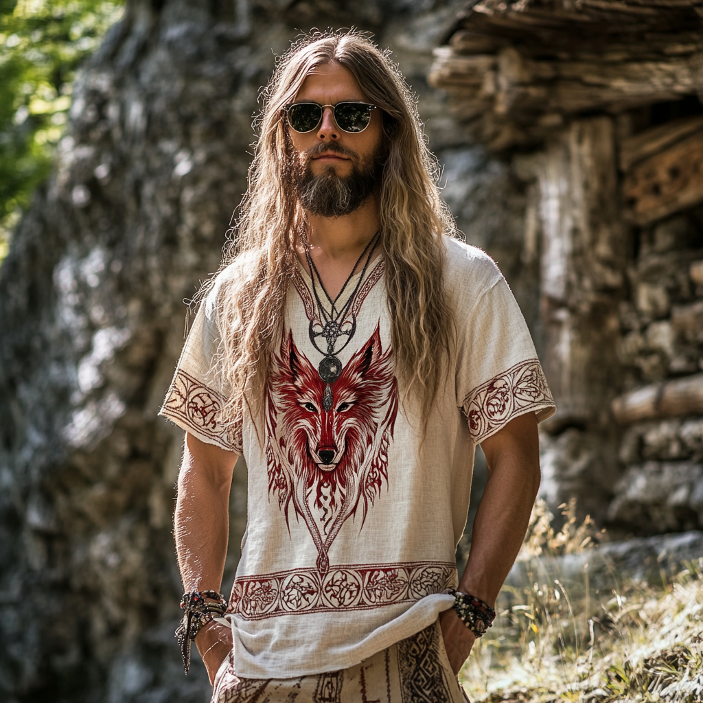 Men's Retro Viking Wolf Rune Print Casual T-shirt elevenforest