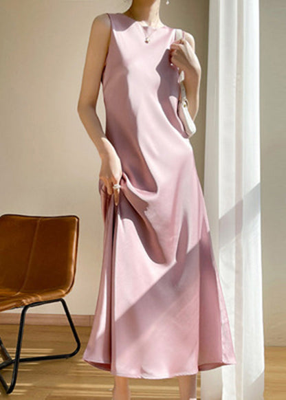 Brief Pink O-neck Silk Vacation Maxi Dresses Sleeveless