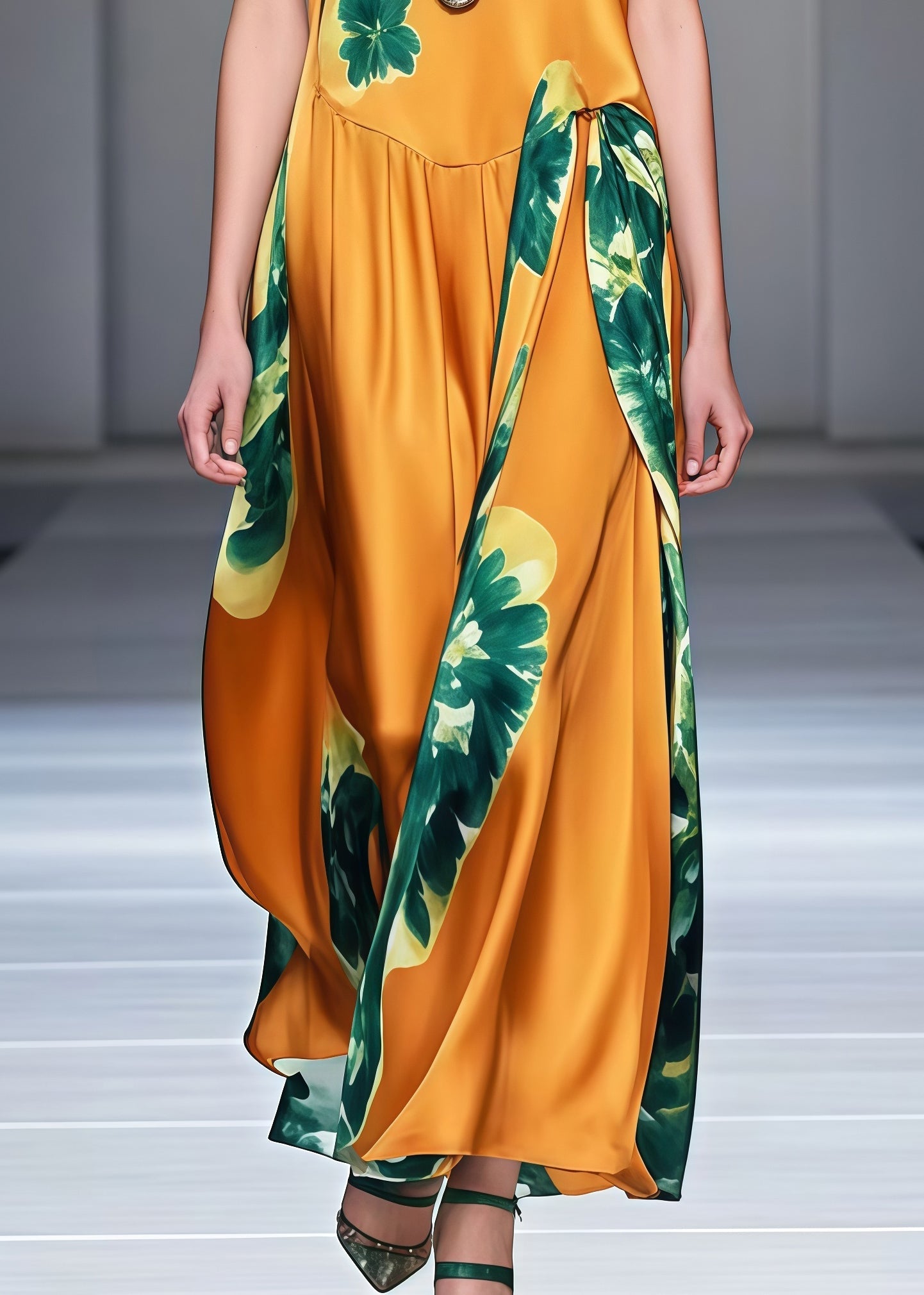 Yellow Print Draping Silk Maxi Dresses Sleeveless