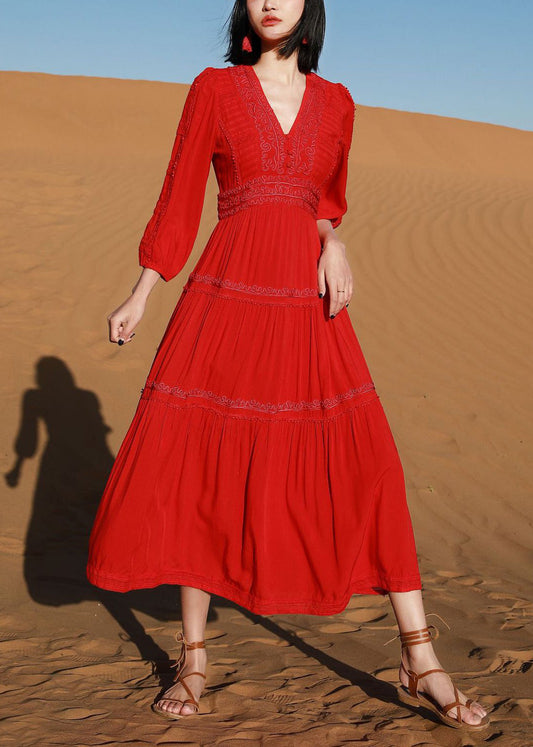 Red V Neck Embroidered Cotton Long Dresses Bracelet Sleeve